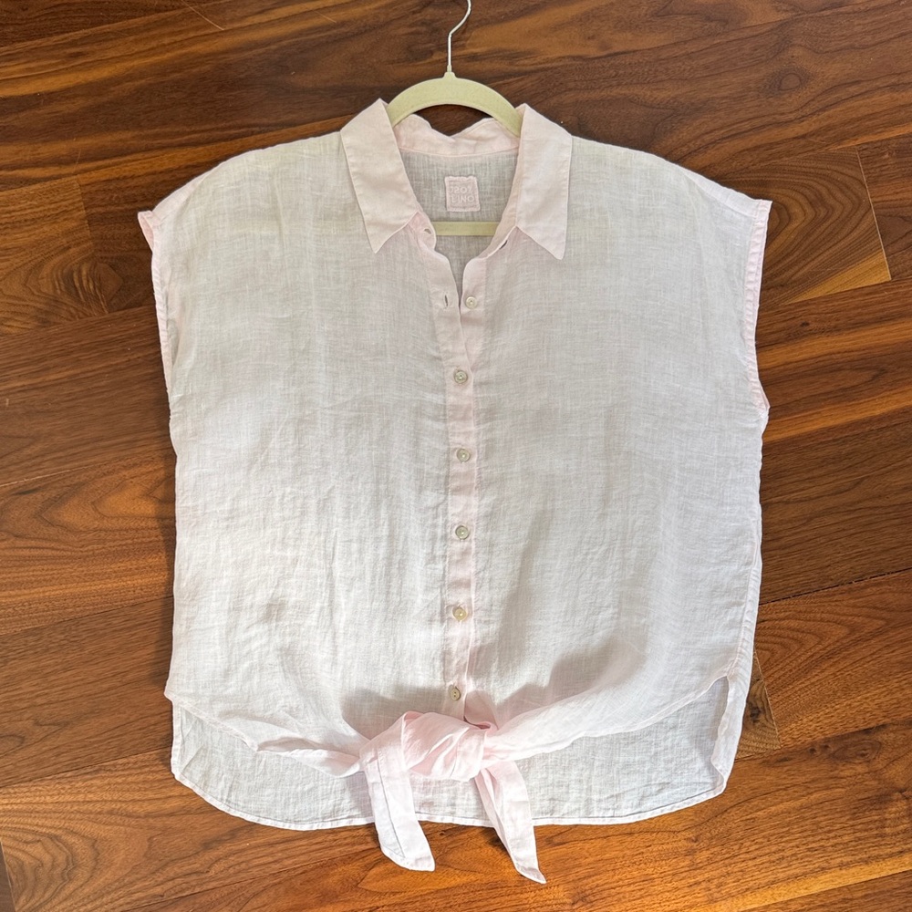 120% LINO Light Pale Pink Sleeveless Tie-Front Linen Top 42 Small, worn once